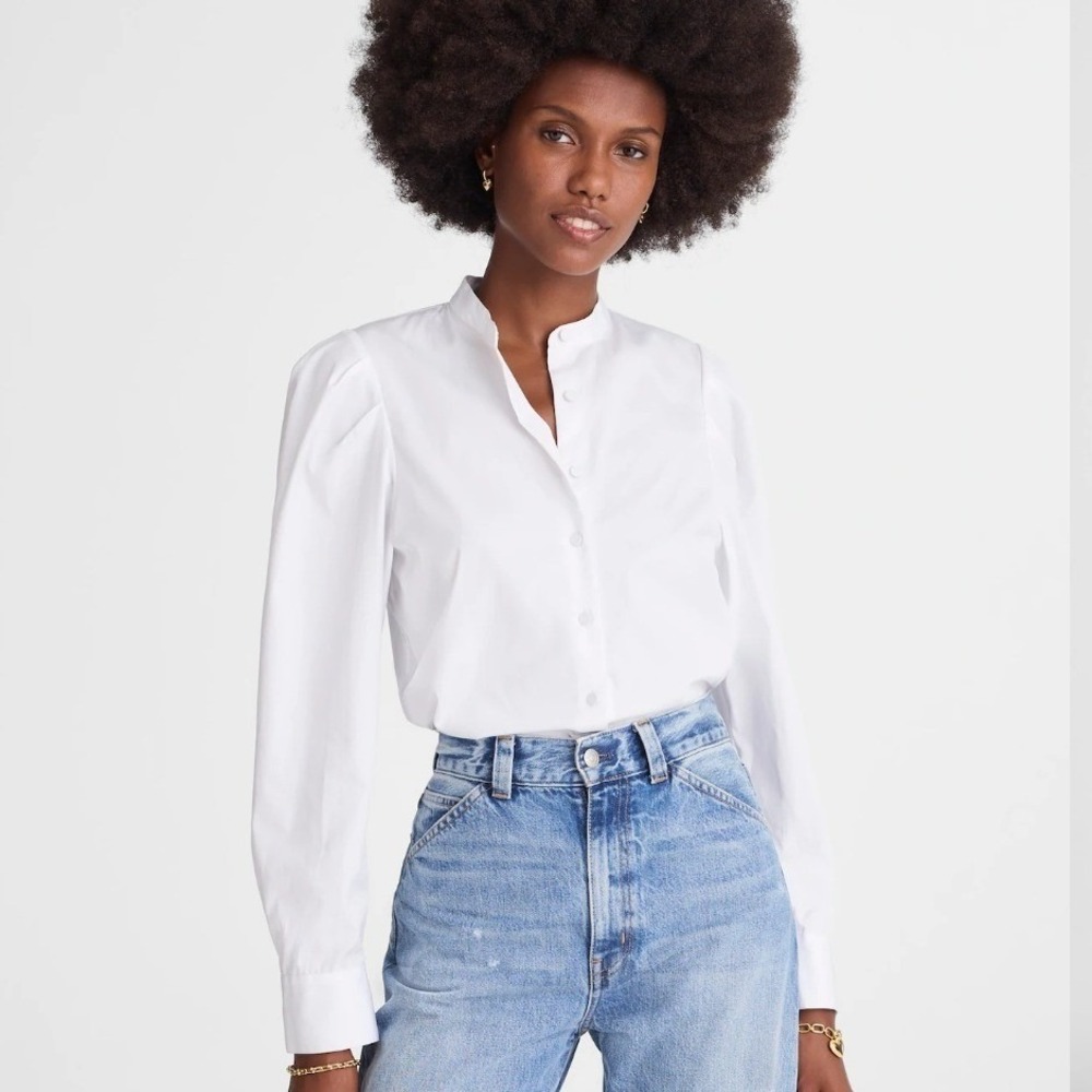 Madewell Puff Sleeve‎ Button Down Band Collar Shirt White Cotton Poplin Blouse S - Picture 12 of 13